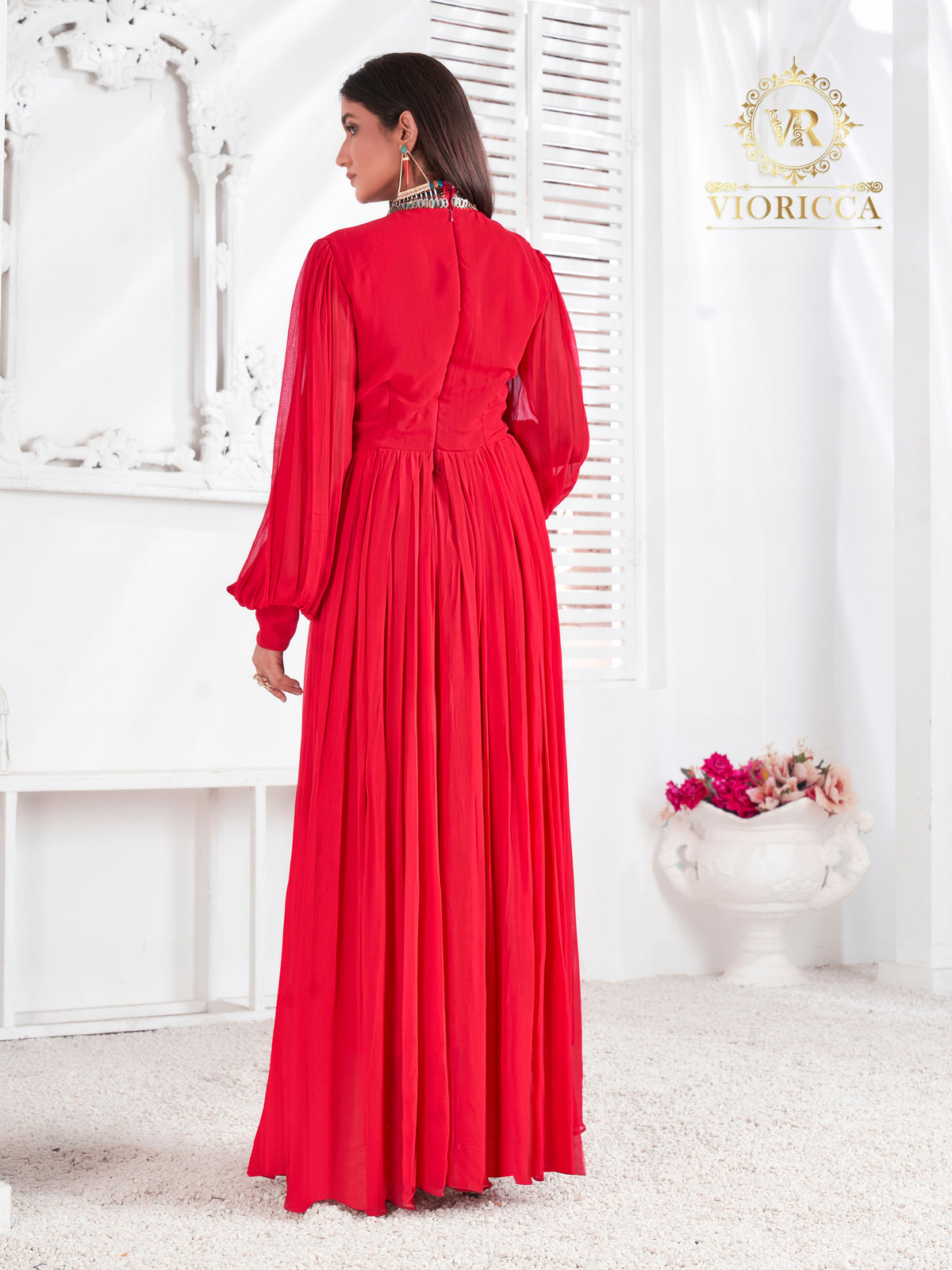 Scarlet – Red High-Neck Hand Embellished Long Dress