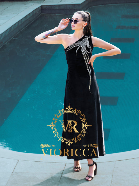 Black Velvet Asymmetric Long Dress with Hand Embroidered Shoulder