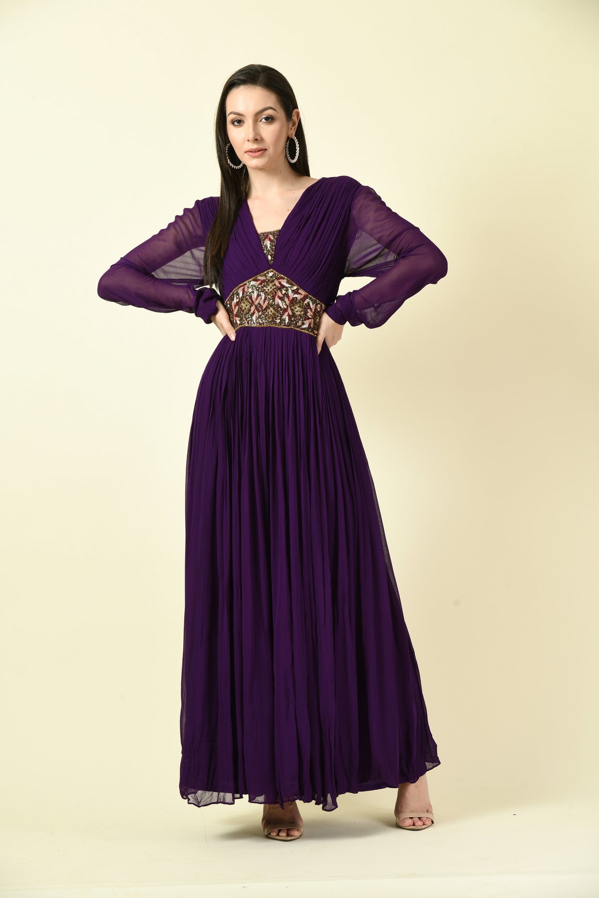 Dark Purple Hand Embellished Full-Sleeve Georgette Long Dress