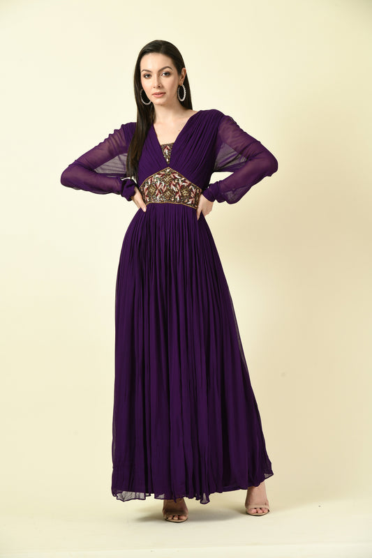 Dark Purple Hand Embellished Full-Sleeve Georgette Long Dress