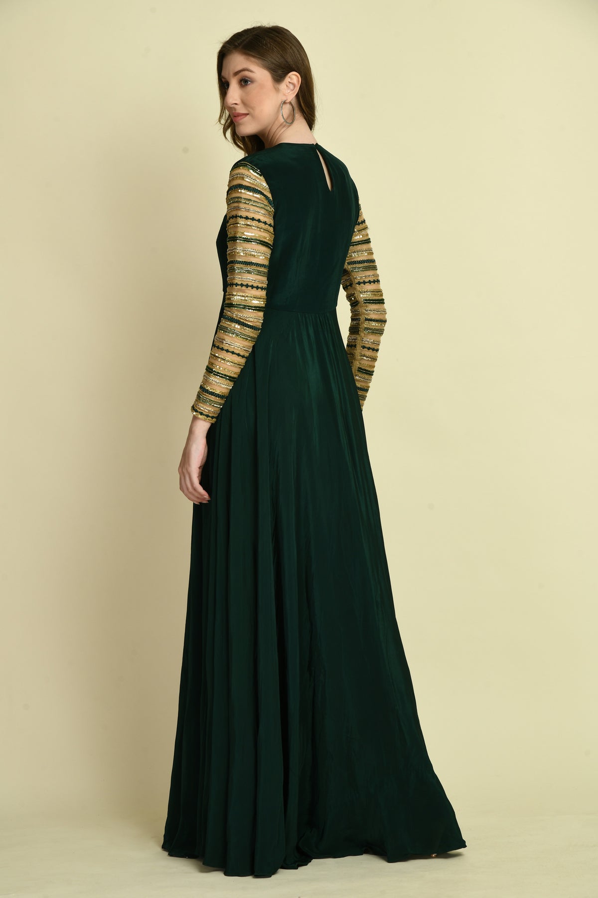 Dark Green Hand Embellished Full-Sleeve Crepe Long Dress