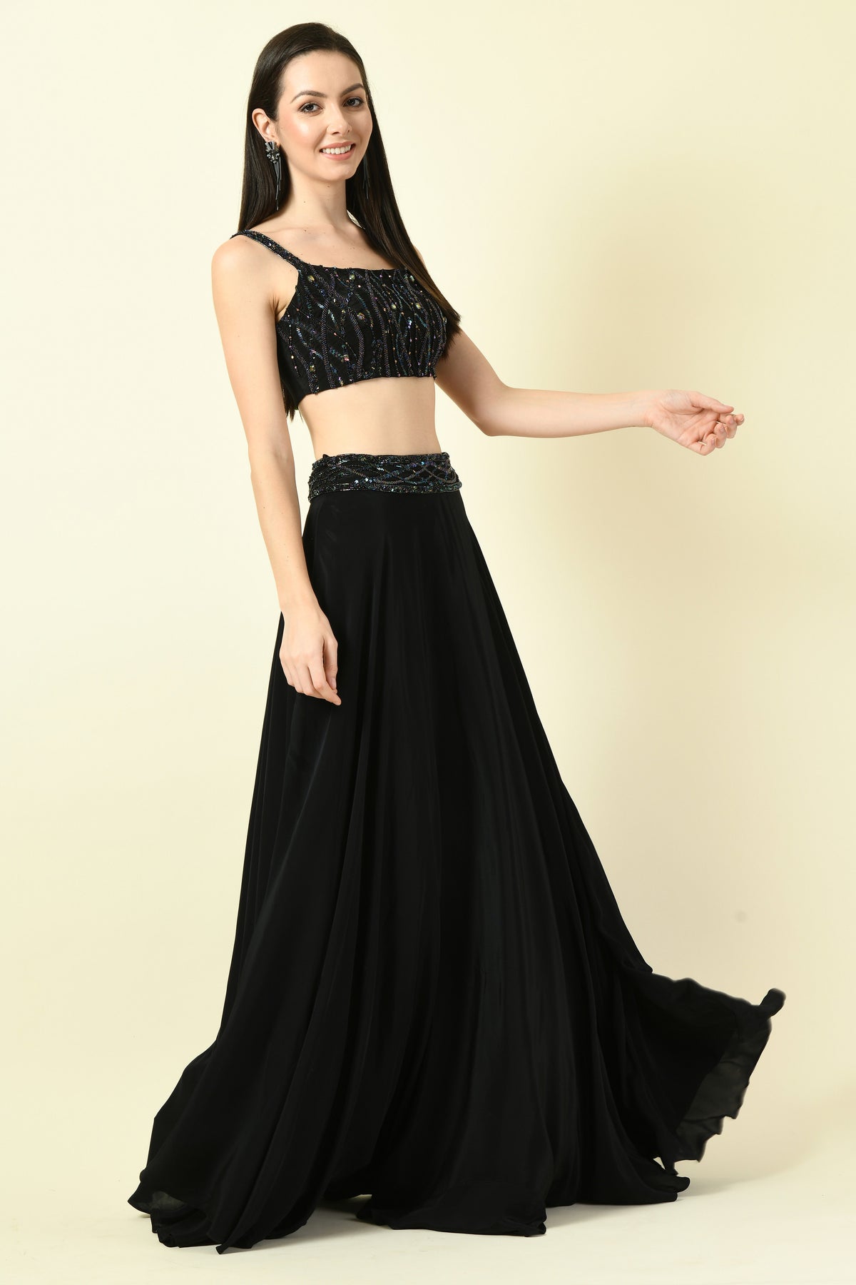 Black Hand Embellished Crop Top and Lehenga Set