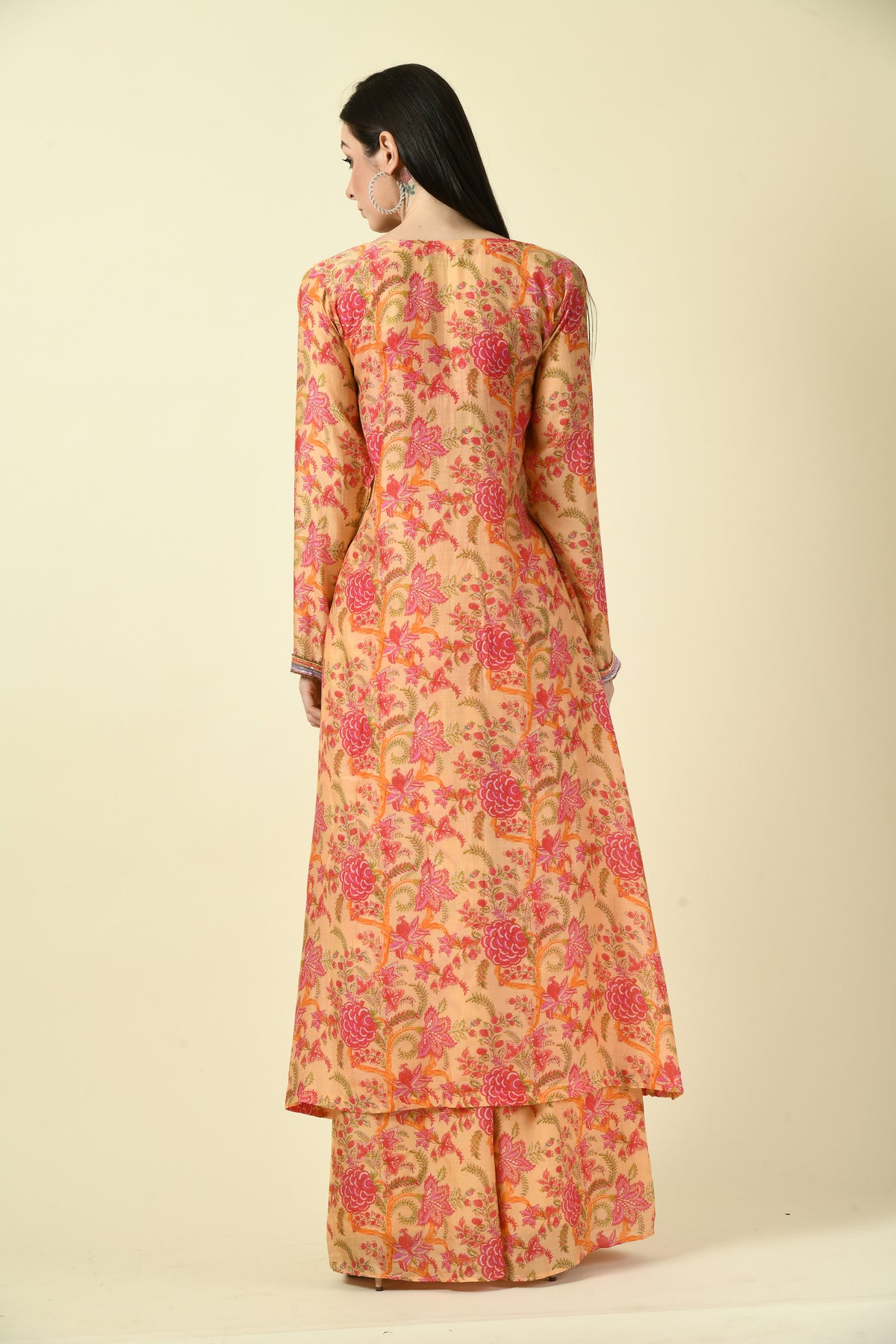 3-Piece Floral Long Shrug, Hand Embellished Crop Top and Trouser Set