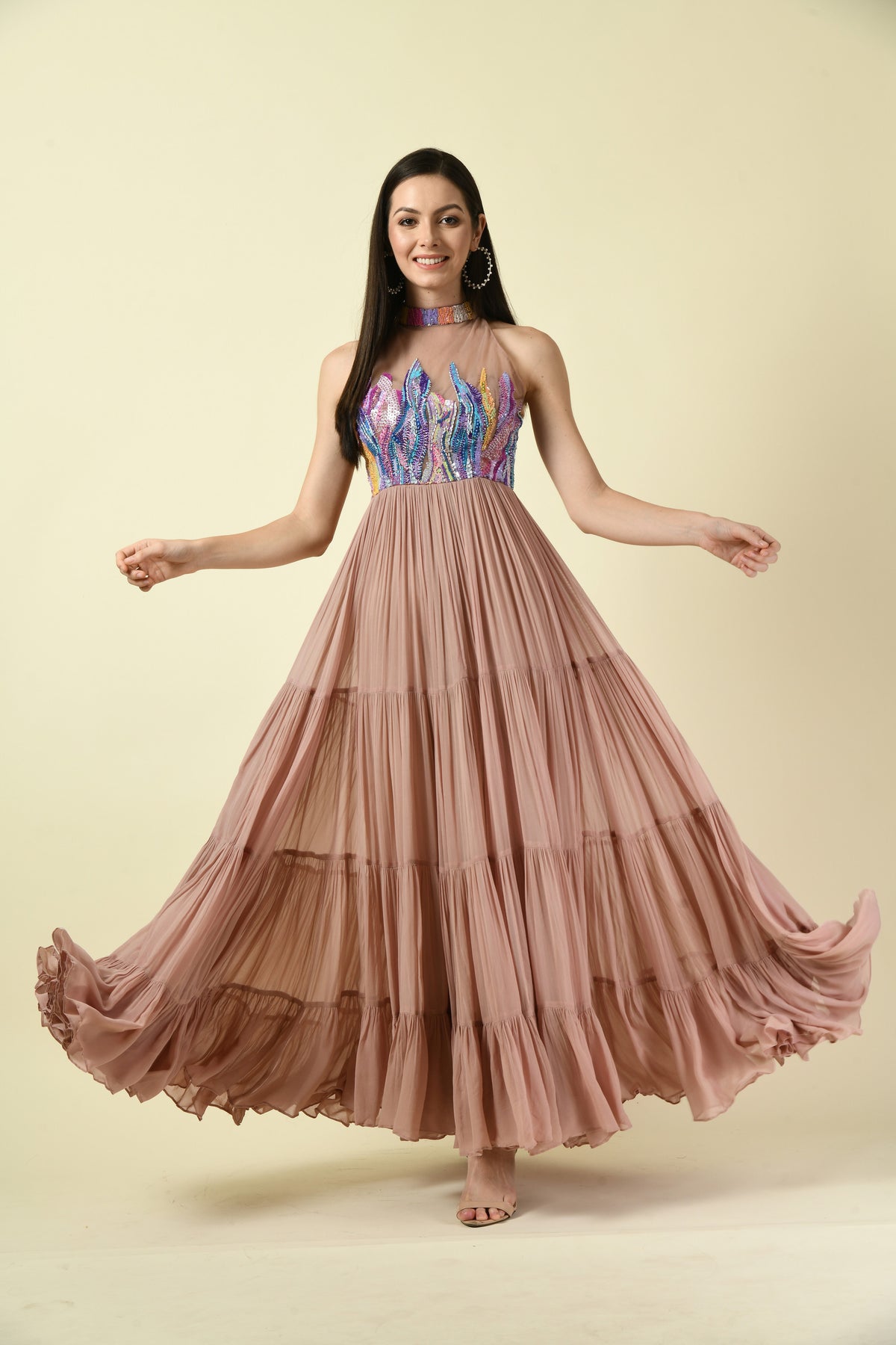 Onion Pink Hand Embellished Halter Neck Long Dress