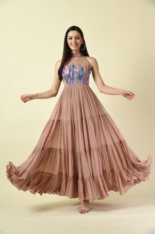 Onion Pink Hand Embellished Halter Neck Long Dress