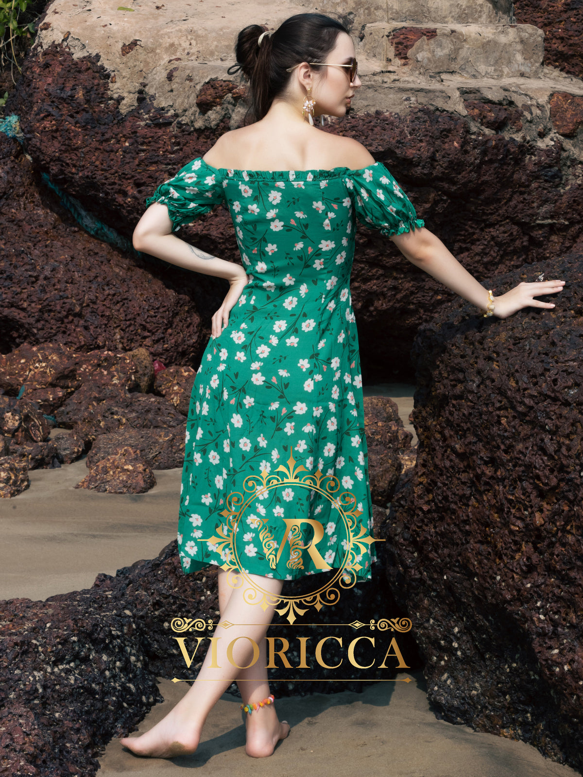 Sweetheart Off-Shoulder Floral Midi Dress with Side Slit