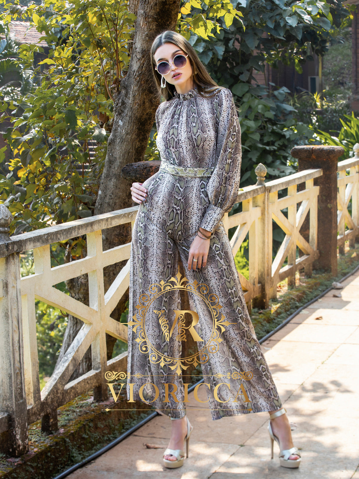 High-Neck Snake Print Jumpsuit with Hand Embroidered Belt