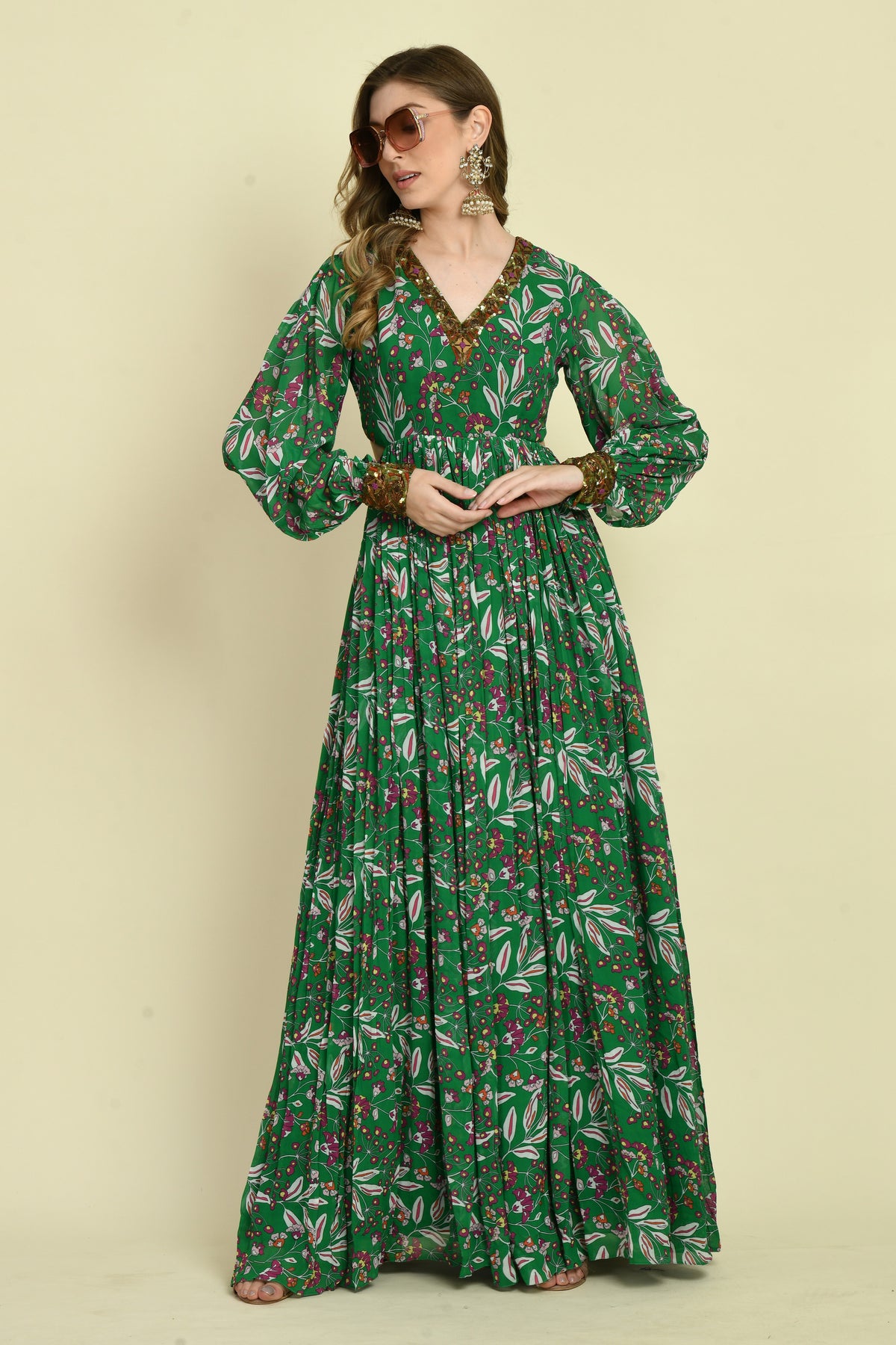 Floral Georgette V-Neck Hand Embellished Gathered Long Dress