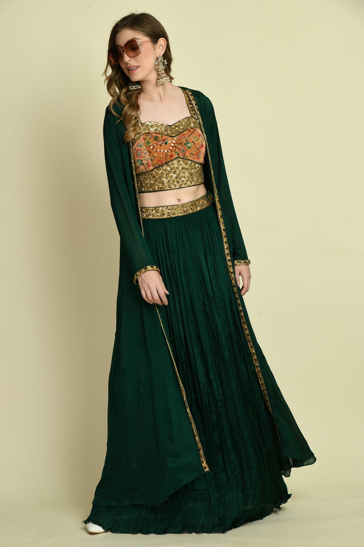 3-Piece Velvet Crop Top, Gathered Skirt and Long Shrug Set