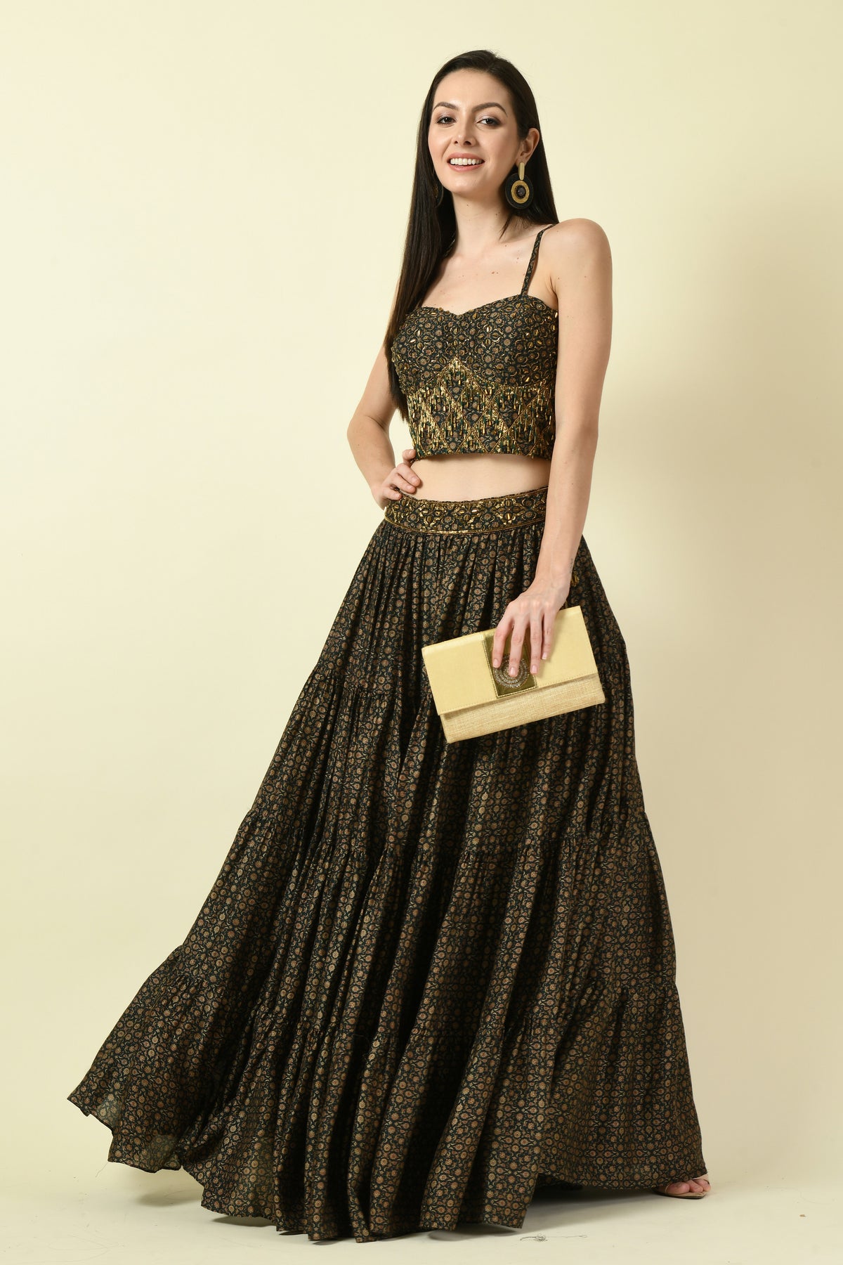 Hand Embellished Printed Bustier and Lehenga Set