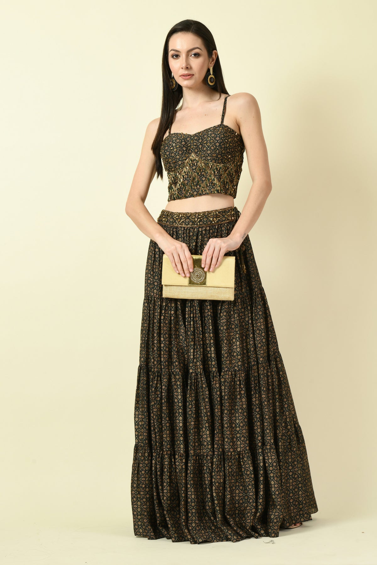 Hand Embellished Printed Bustier and Lehenga Set