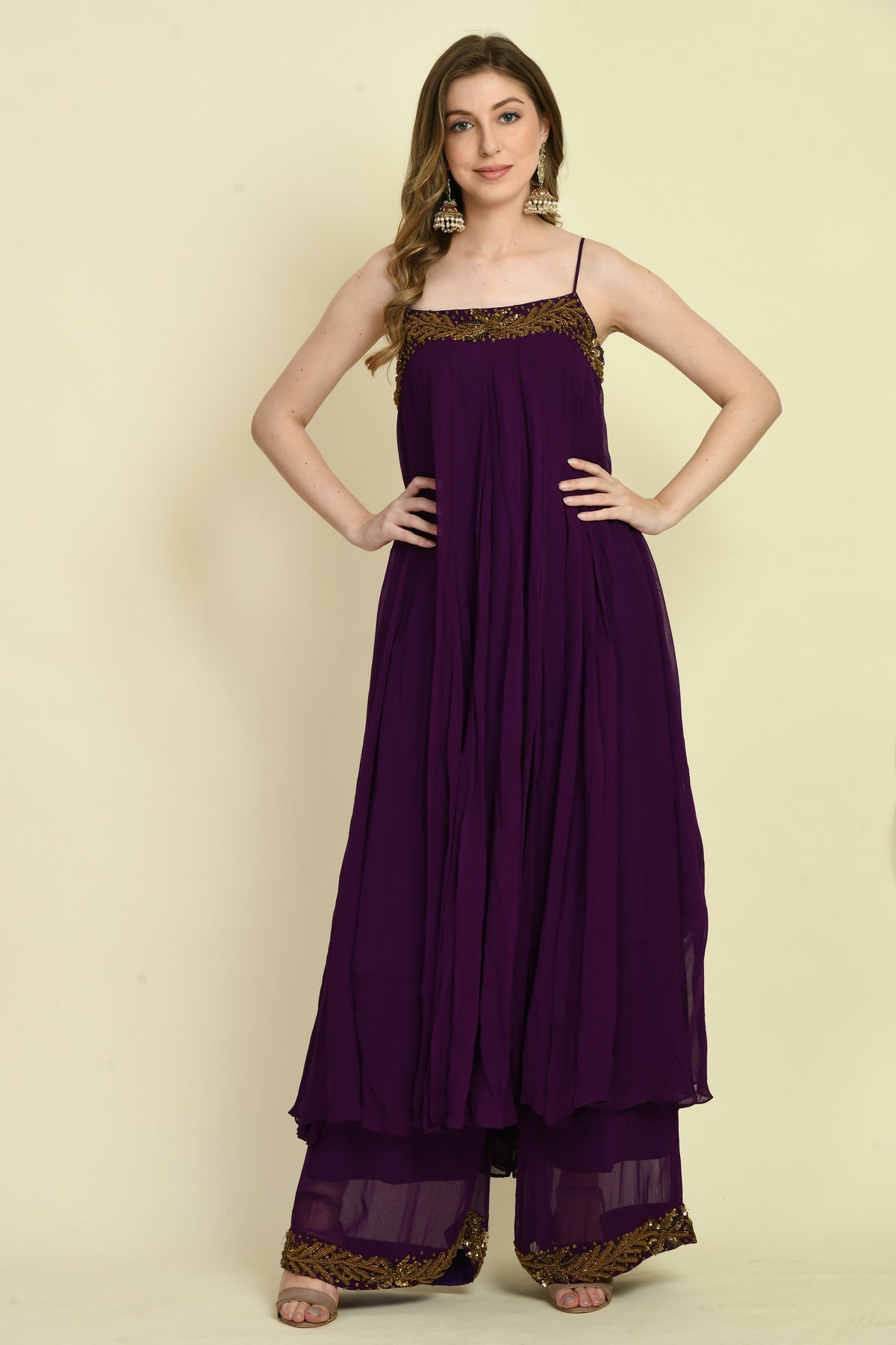 Hand Embellished Long Dress with Flared Palazzo — Dark Purple
