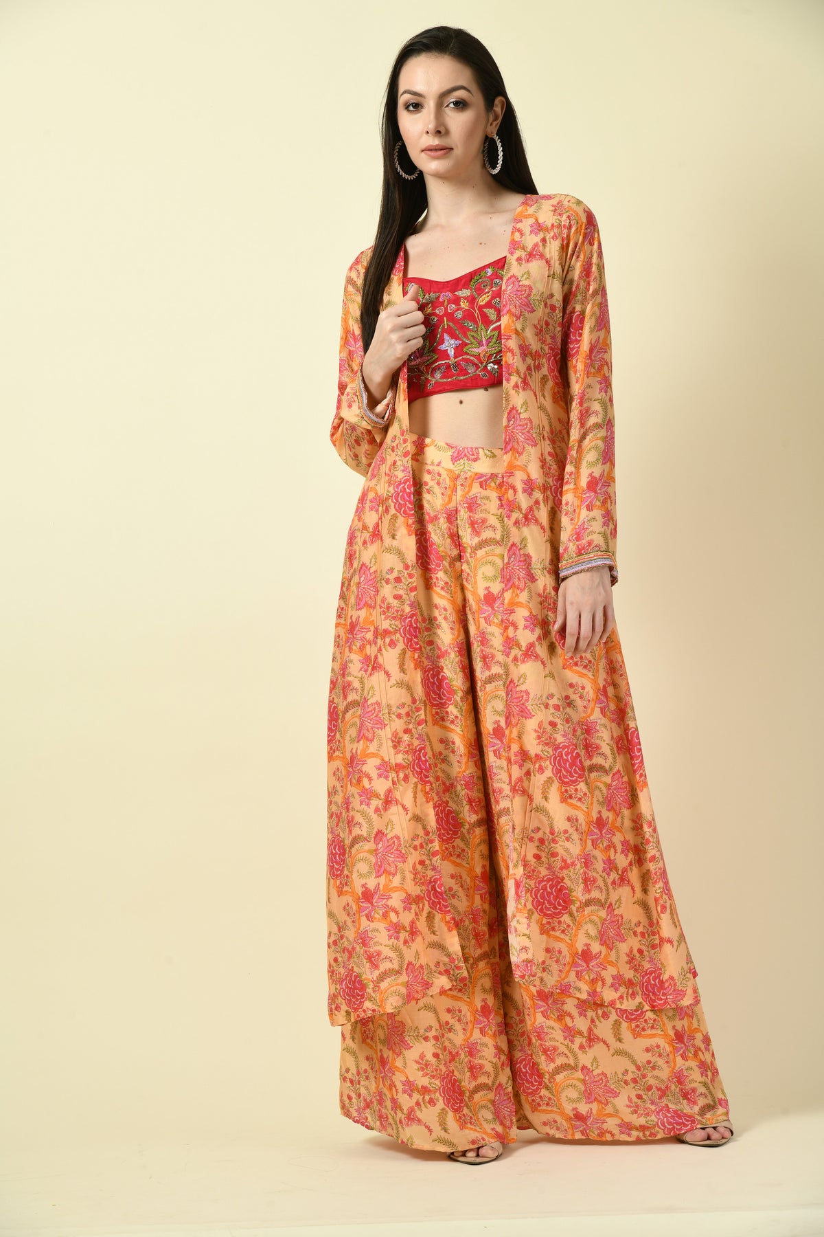 3-Piece Floral Long Shrug, Hand Embellished Crop Top and Trouser Set