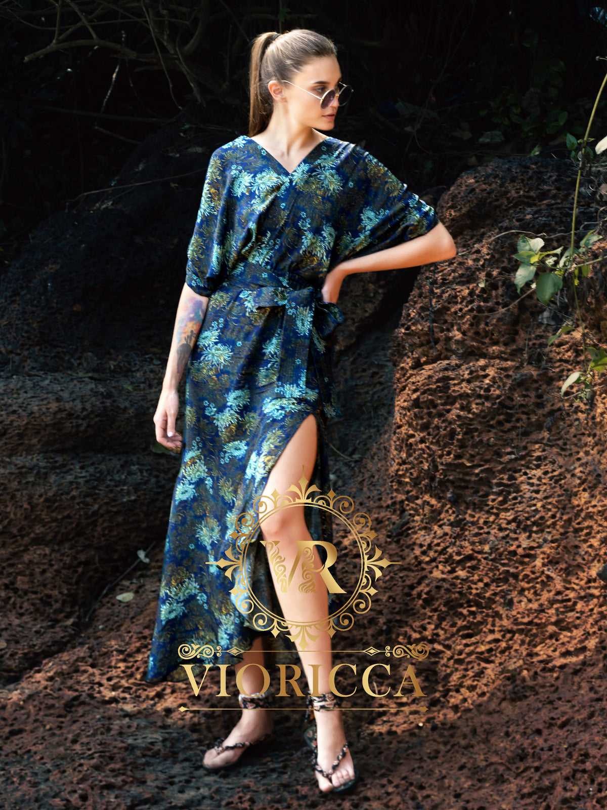 Floral Midi Dress with Side Slit and Drawstring Sleeves