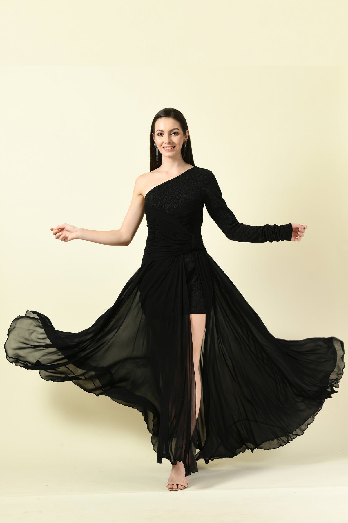 Black Asymmetric Bangle-Sleeve Georgette Long Dress