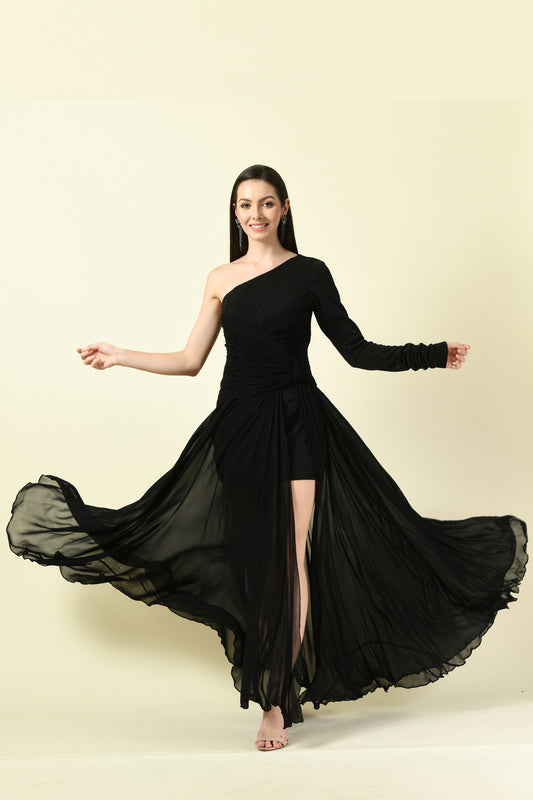 Black Asymmetric Bangle-Sleeve Georgette Long Dress
