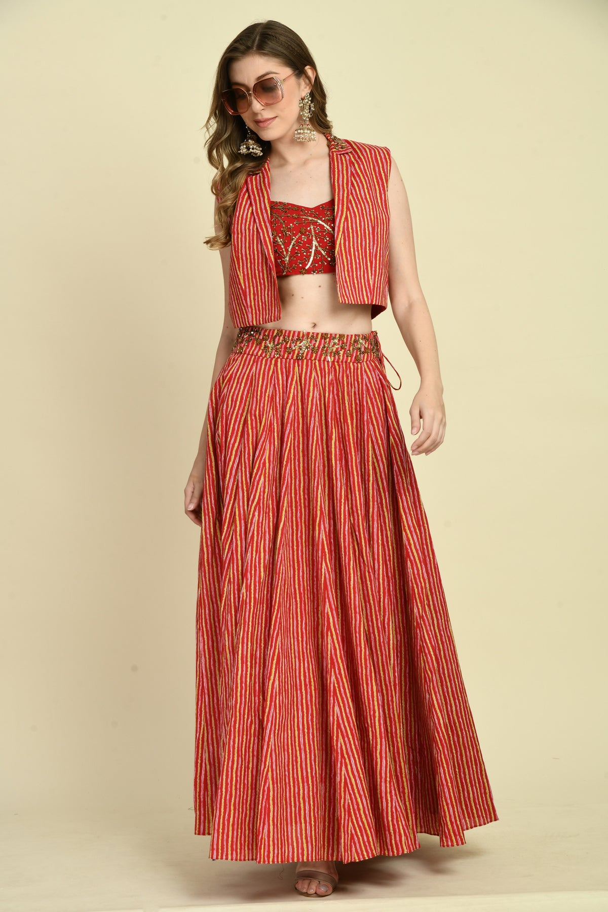 Hand Embellished Cotton Print Skirt Set with Crop Top and Jacket