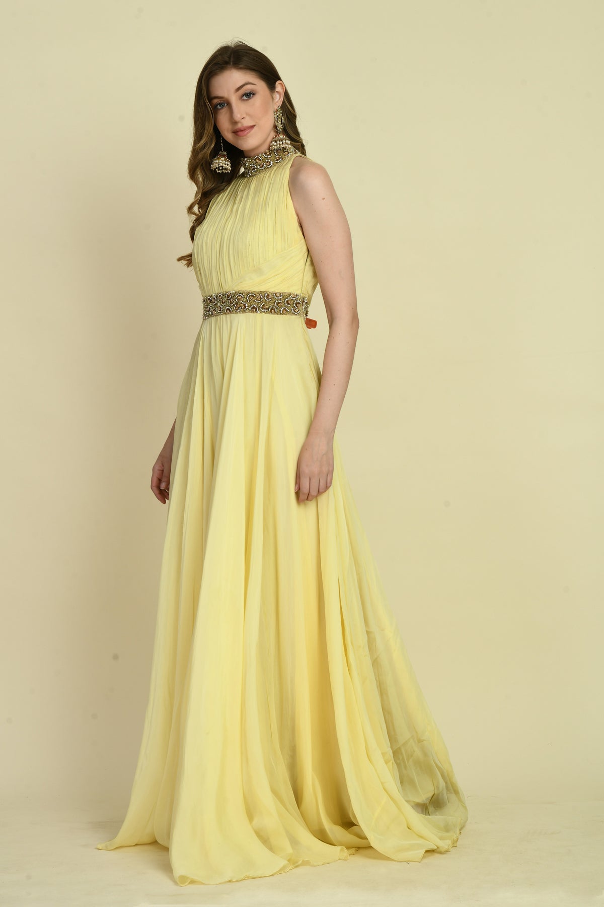 Pale Yellow Hand Embellished Halter Neck Organza Flared Dress
