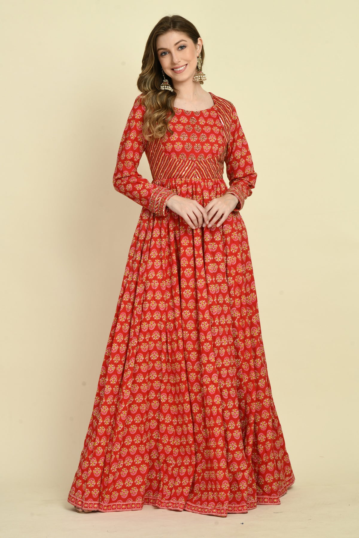 Red Floral Cotton Hand Embellished Full-Sleeve Long Dress