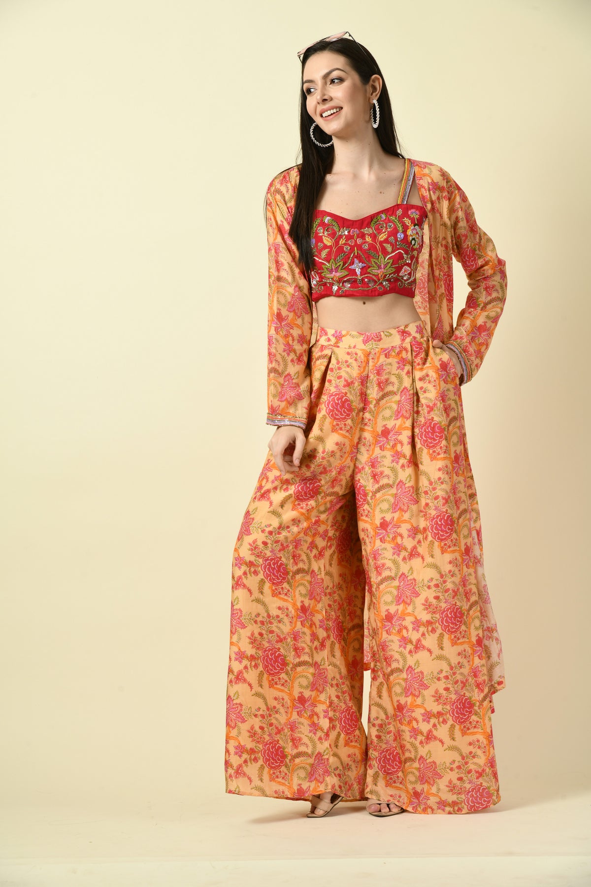 3-Piece Floral Long Shrug, Hand Embellished Crop Top and Trouser Set