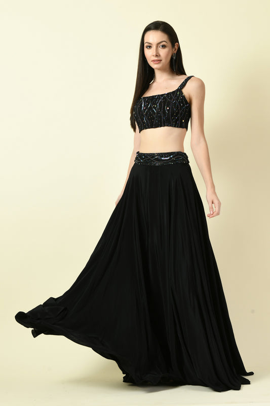 Black Hand Embellished Crop Top and Lehenga Set