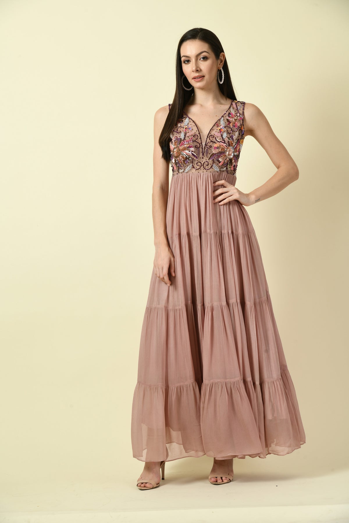 Onion Pink Hand Embellished Sleeveless Long Dress