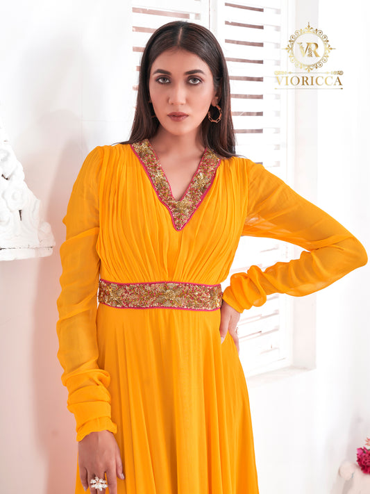 Fantasy — Dark Yellow Hand Embellished Long Dress