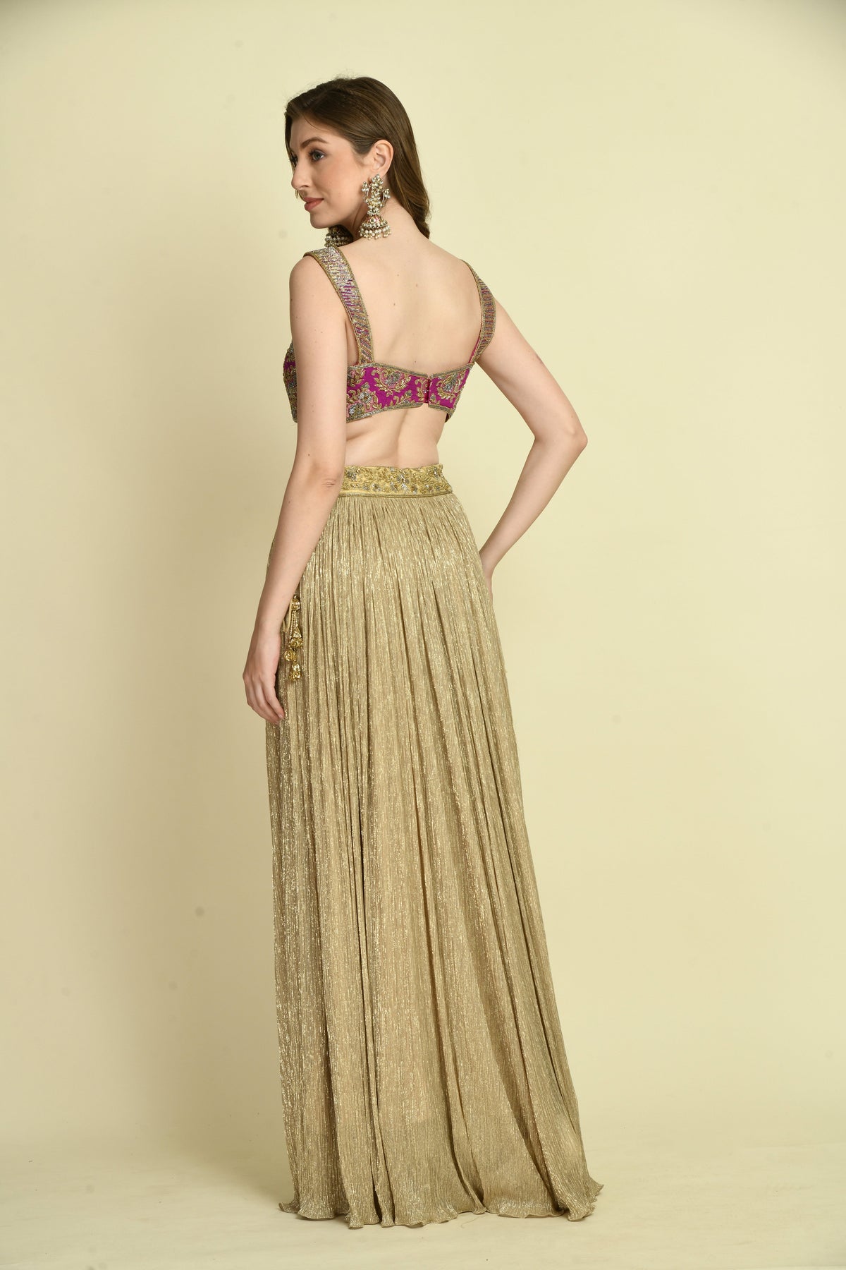 Wine Brocade Hand Embellished Crop Top and Golden Lehenga