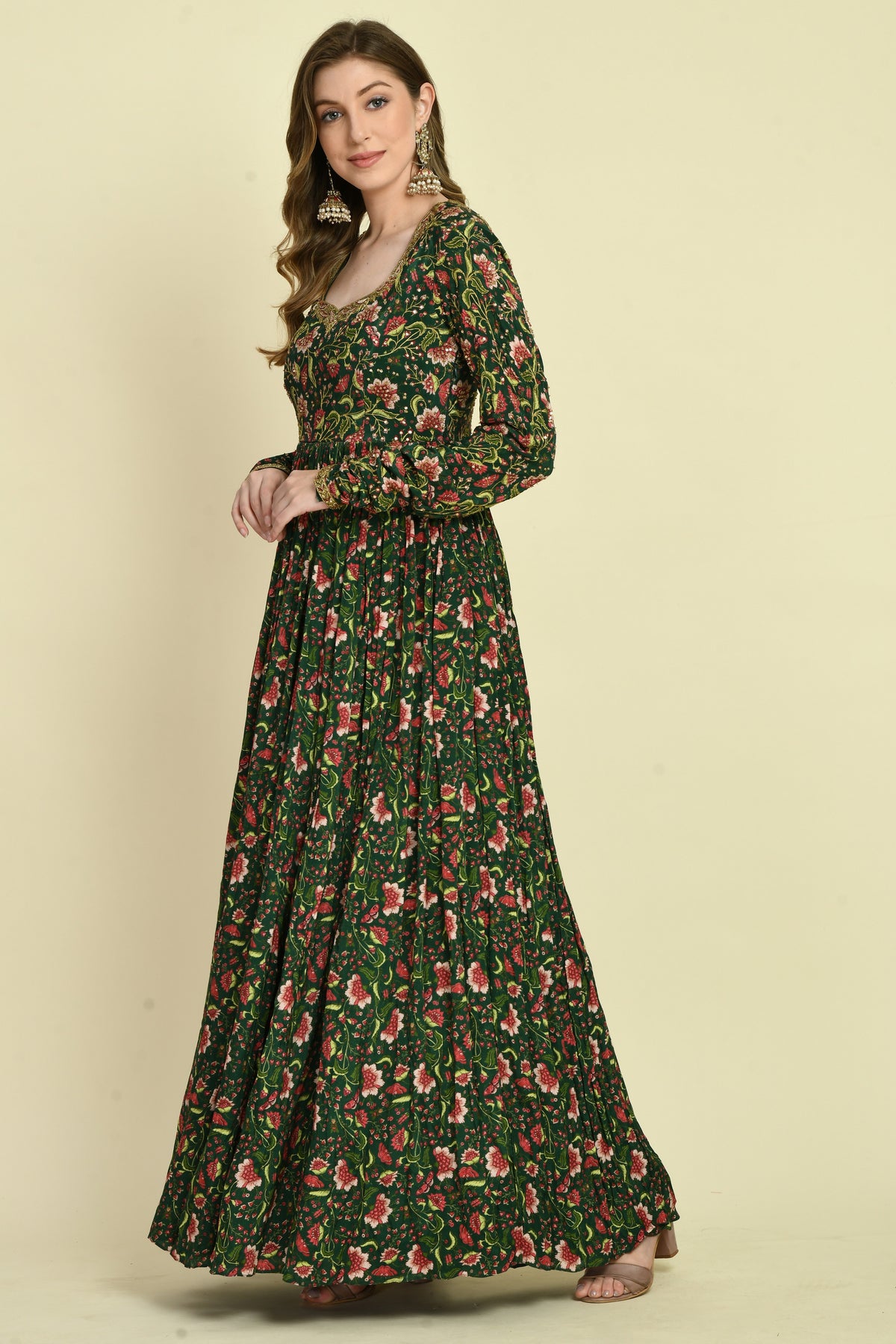 Green Floral Hand Embellished Full-Sleeve Long Dress with Designer Back