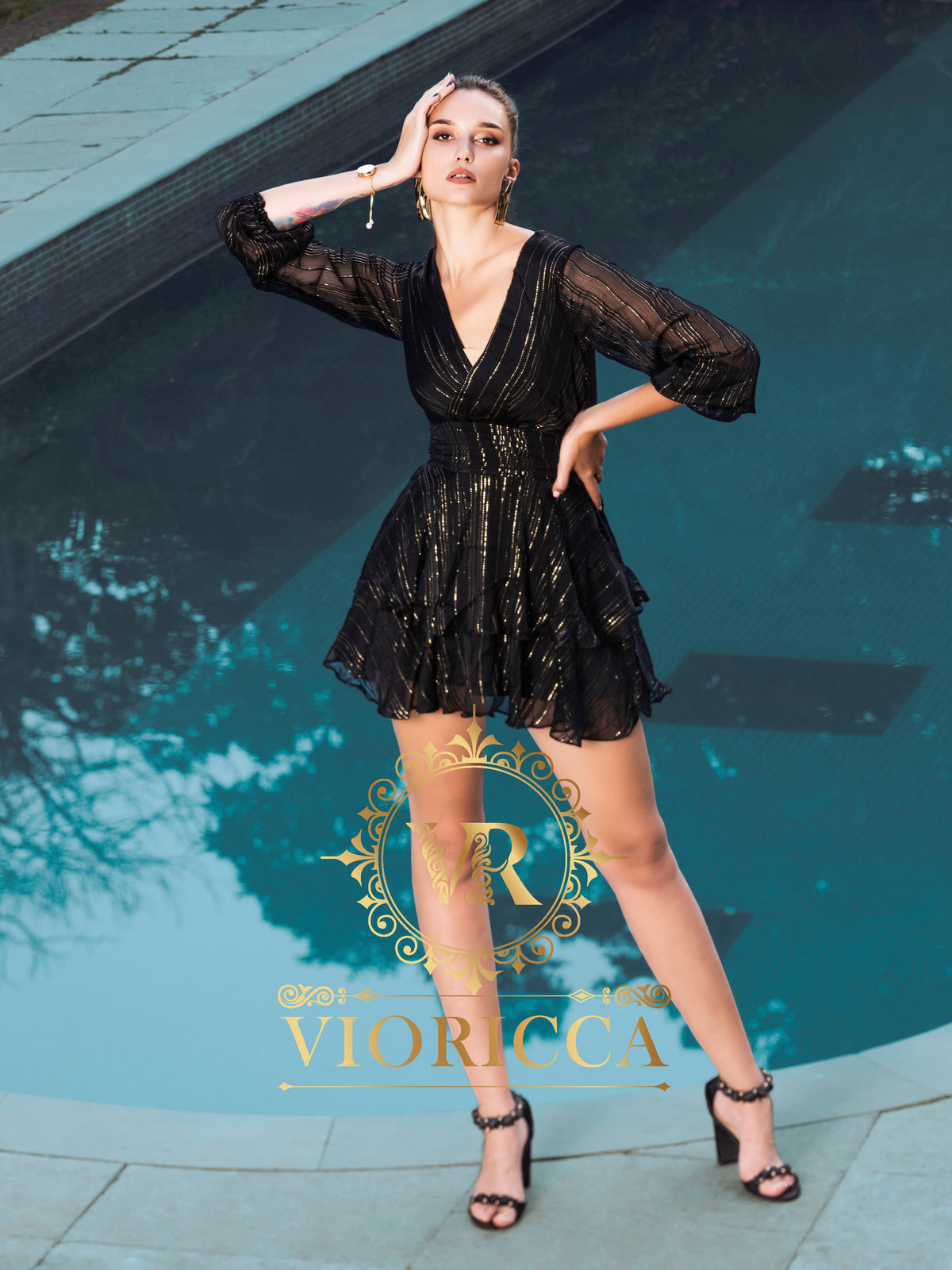 Black and Gold Foil Double-Frill Chiffon Short Dress
