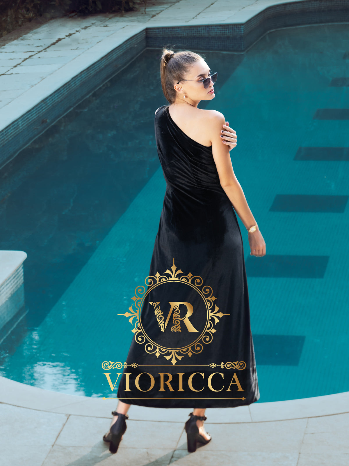 Black Velvet Asymmetric Long Dress with Hand Embroidered Shoulder