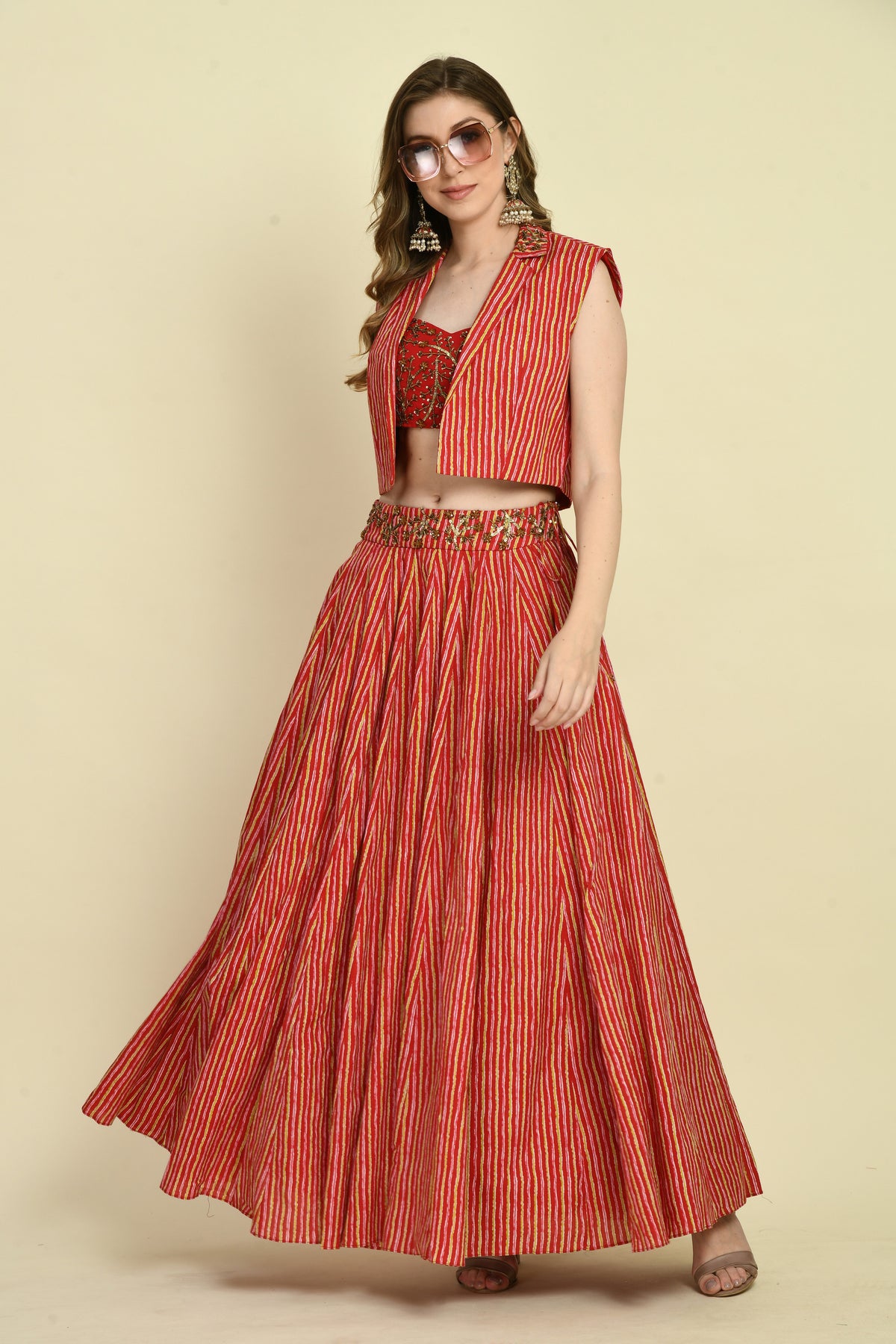Hand Embellished Cotton Print Skirt Set with Crop Top and Jacket