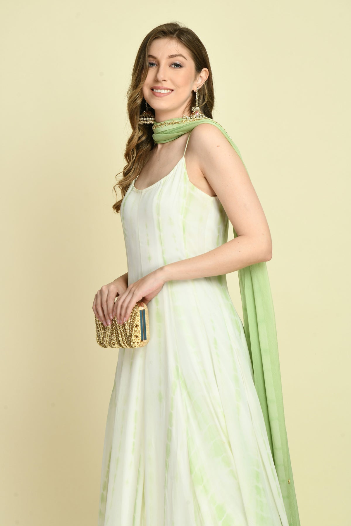 Hand Embellished Long Dress Set with Straight Pant and Dupatta