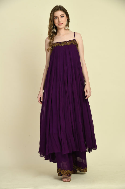 Hand Embellished Long Dress with Flared Palazzo — Dark Purple
