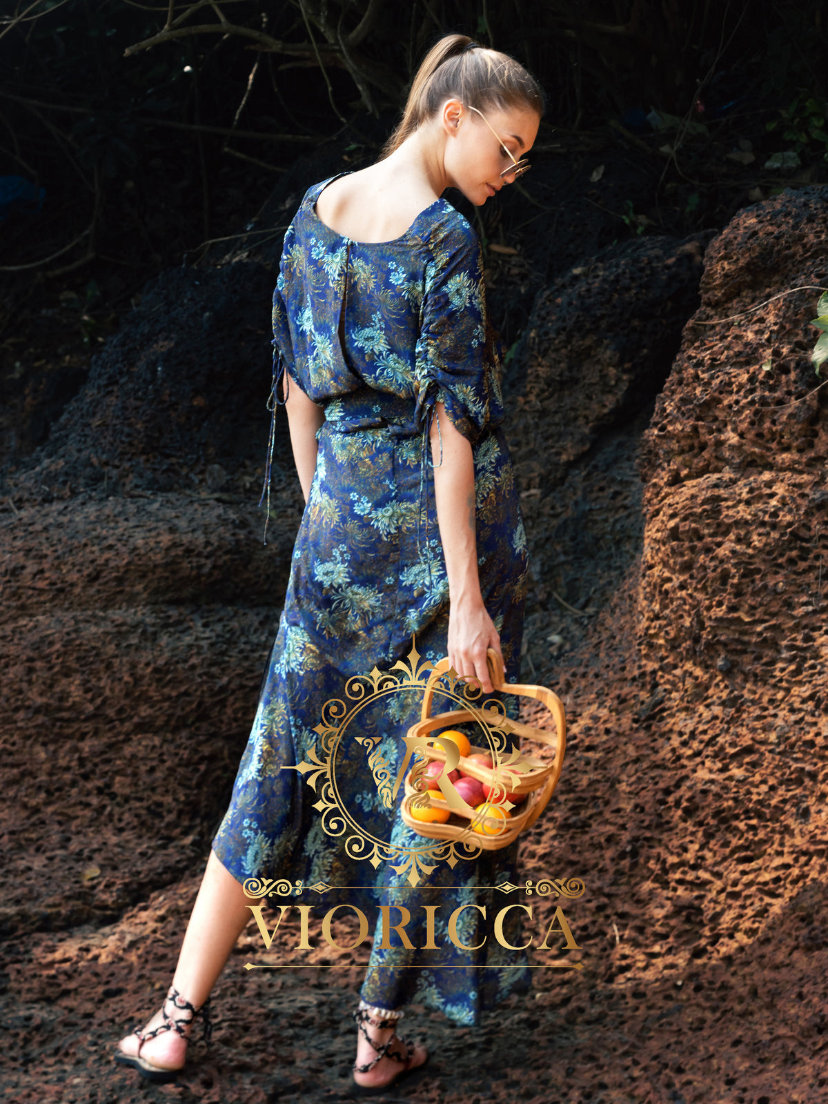 Floral Midi Dress with Side Slit and Drawstring Sleeves