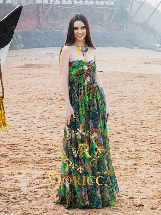 Strapless Heavy-Flare Resort Long Dress – Green Cheetah Print
