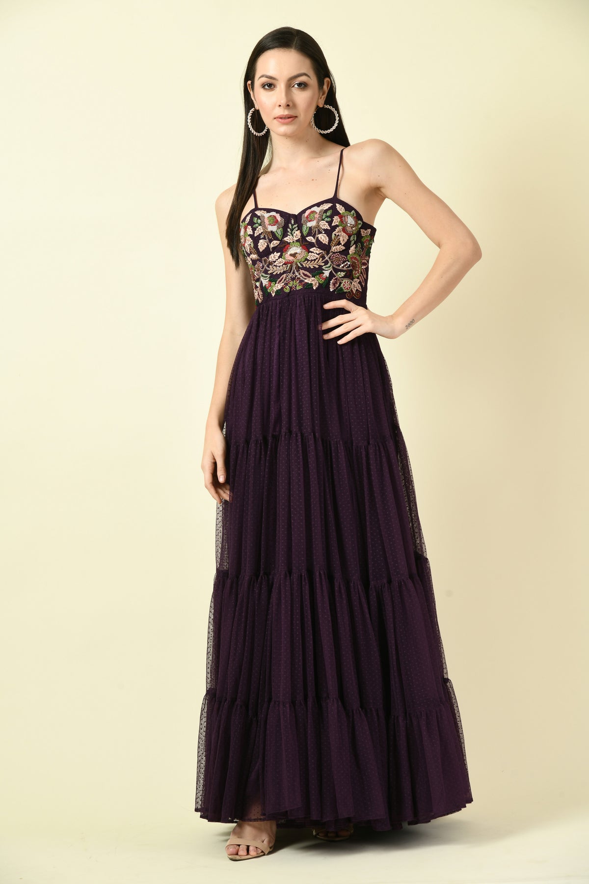 Wine Thread Hand Embellished Flared Net Long Dress