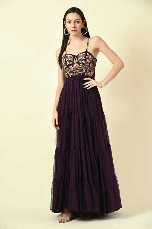 Wine Thread Hand Embellished Flared Net Long Dress