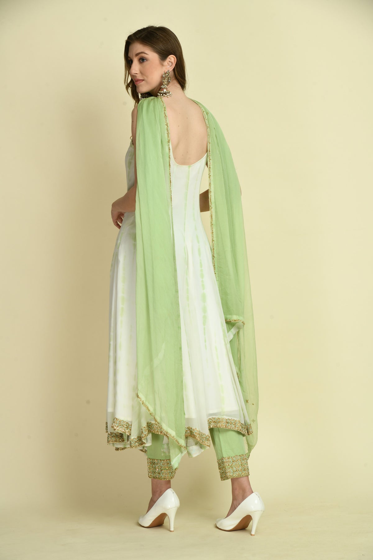 Hand Embellished Long Dress Set with Straight Pant and Dupatta