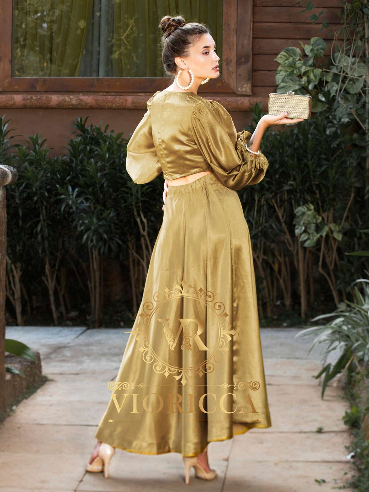 Oversized-Sleeve Ring Waist Gajji Silk Long Dress