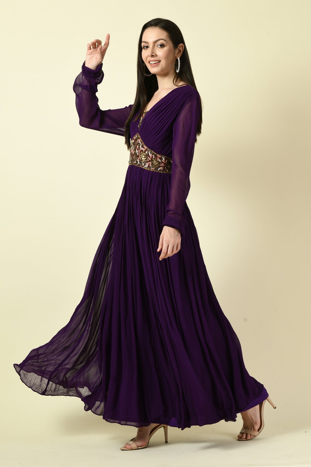 Dark Purple Hand Embellished Full-Sleeve Georgette Long Dress