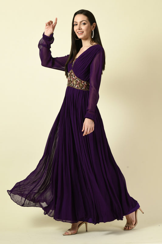 Dark Purple Hand Embellished Full-Sleeve Georgette Long Dress