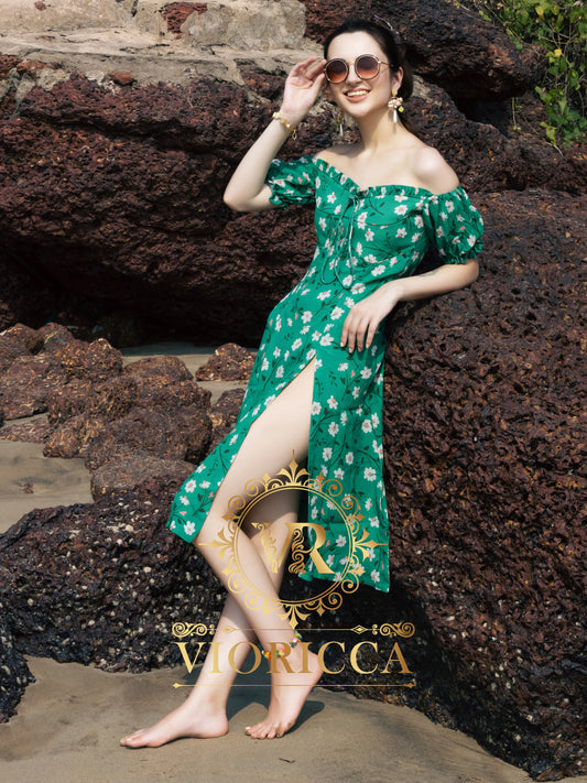Sweetheart Off-Shoulder Floral Midi Dress with Side Slit