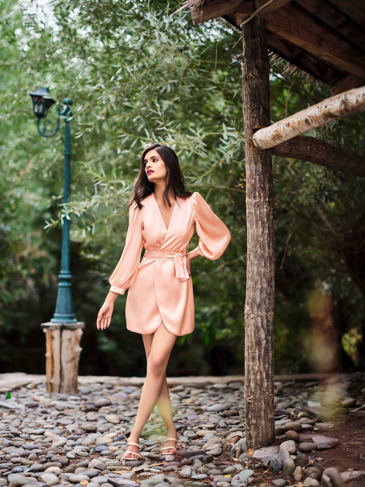 Satin Overlapping Short Dress with Waist Belt