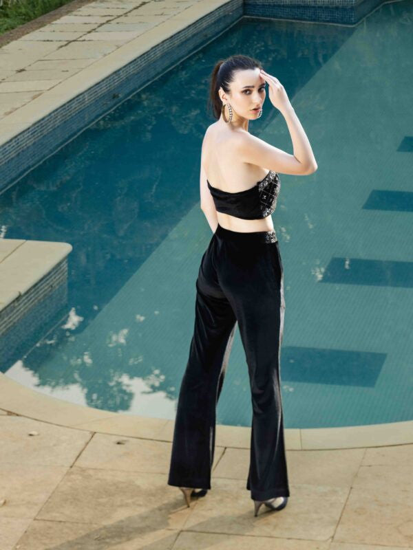 Hand Embellished Velvet Tube Top and Straight Pant Co-ord