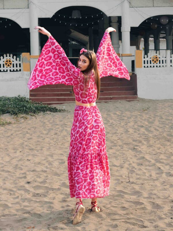 Front-Knot Bell-Sleeve Top and Layered Long Skirt Co-ord – Cheetah Print