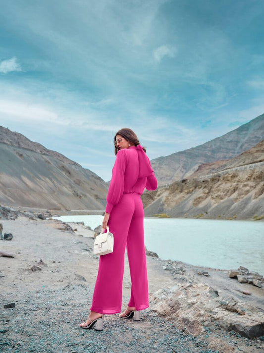 Chiffon High-Neck Full-Sleeve Jumpsuit