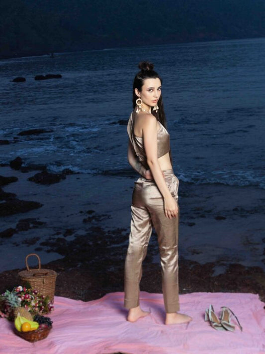 Asymmetric Crop Top and Formal Trouser Co-ord – Beige Gajji Silk