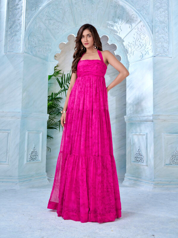 Halter Neck Tie-Strap Tiered Long Dress — Prism Print