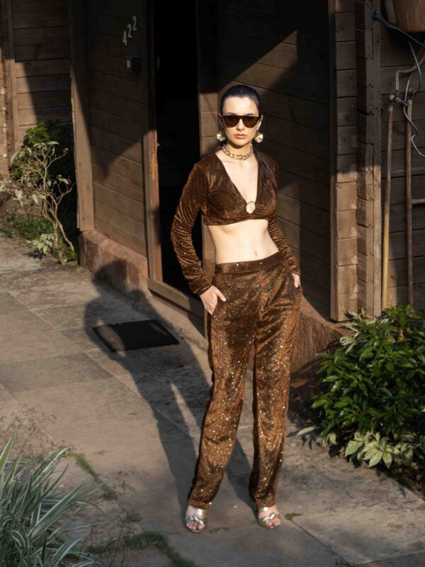 Shimmery Full-Sleeve Ring Top and Straight Pant Co-ord